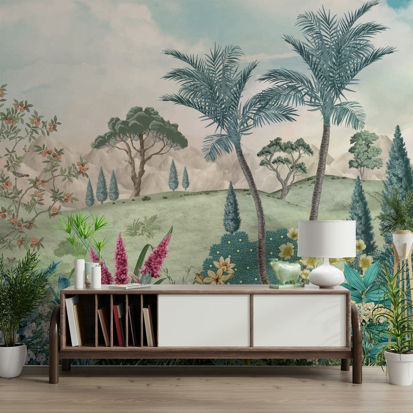 The design features a repeating pattern of soft, delicate palm leaves.

