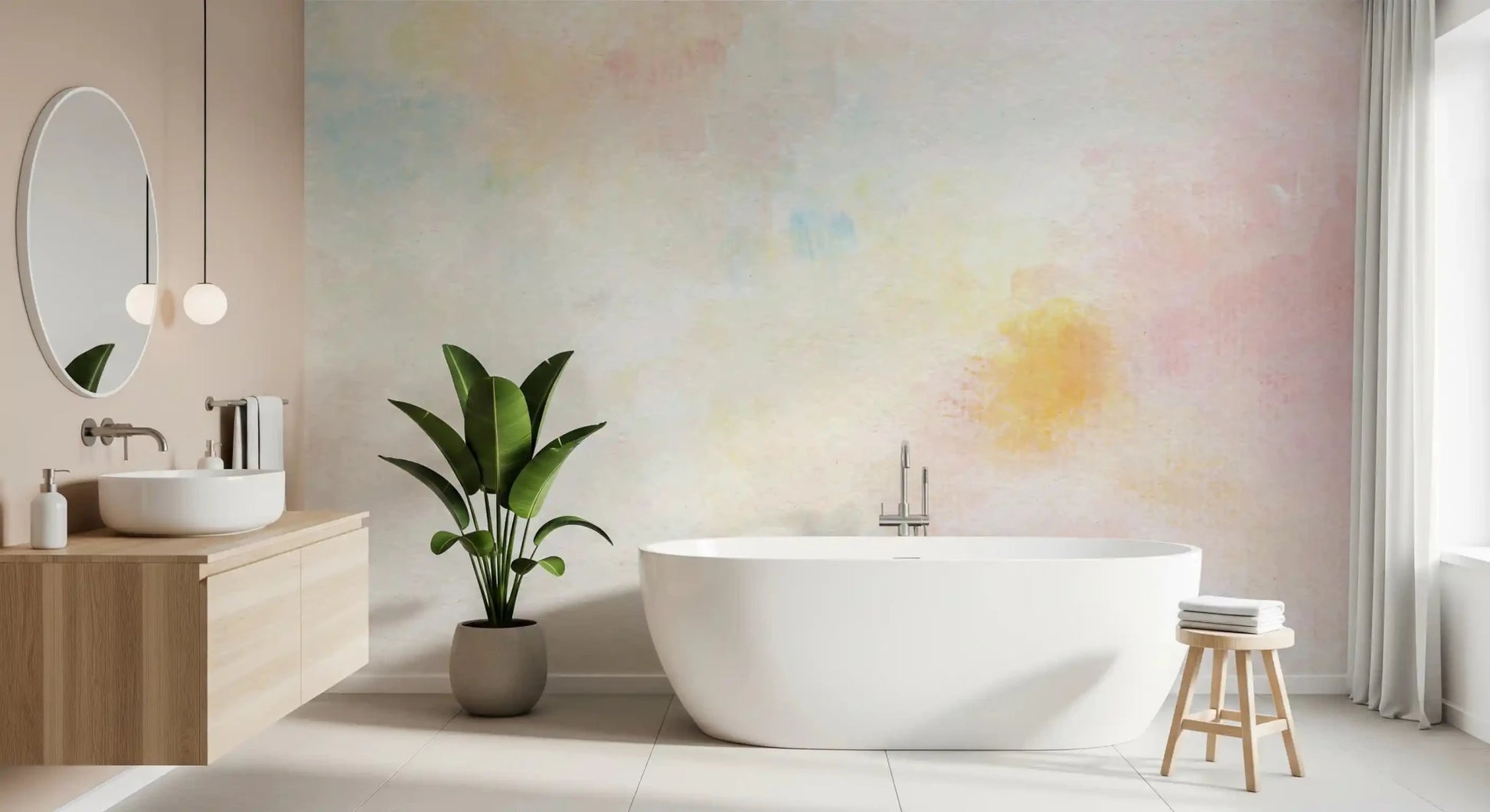 Gentle Pastel Wash Wall Mural features a soft blend of pink and turquoise hues throughout.