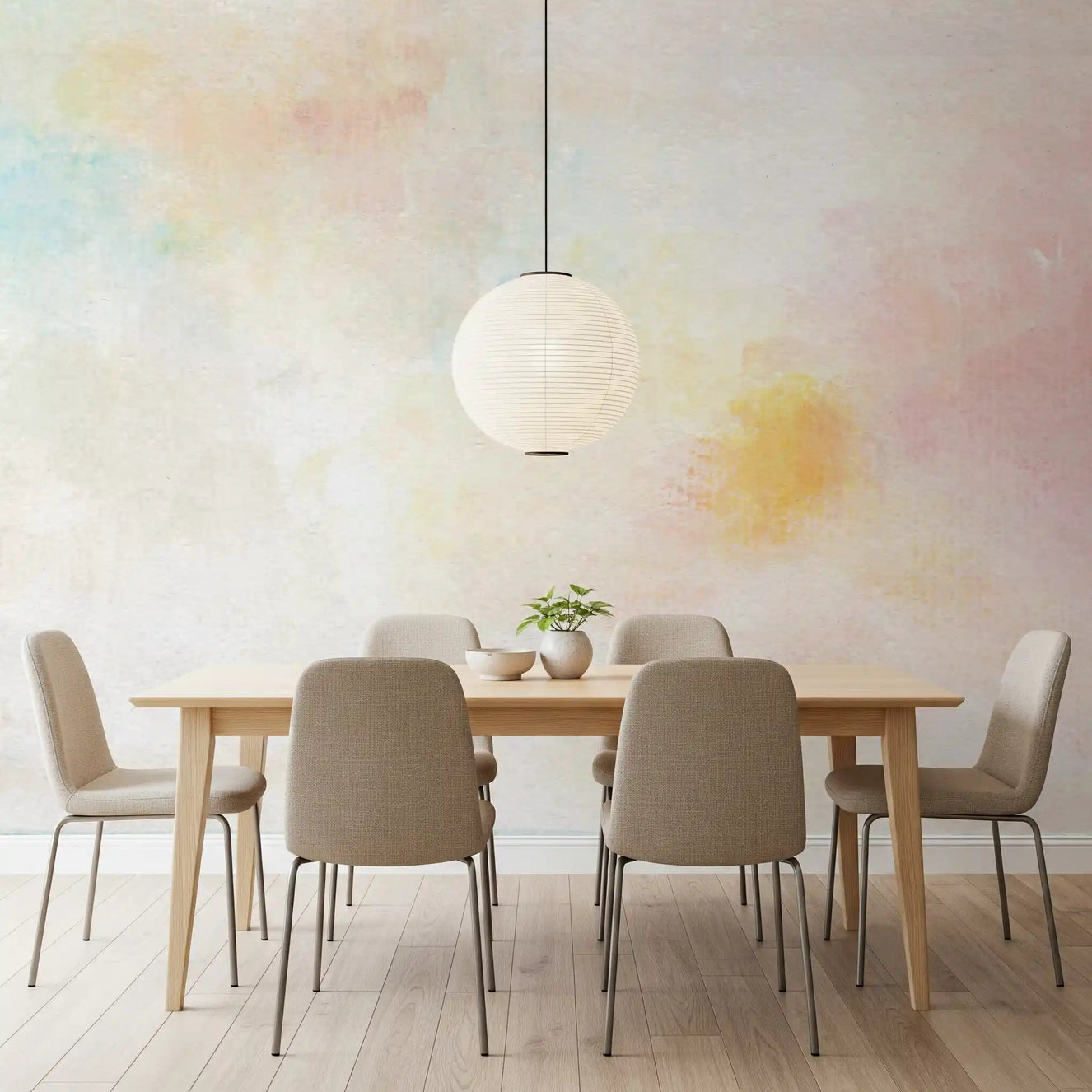 Gentle Pastel Wash Wall Mural adds a soft watercolor backdrop to this airy dining space.