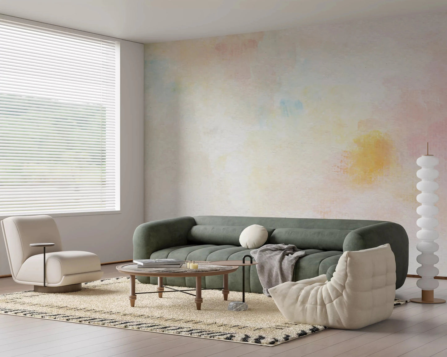 Soft pink and yellow tones of the Gentle Pastel Wash Wall Mural brighten a living area.