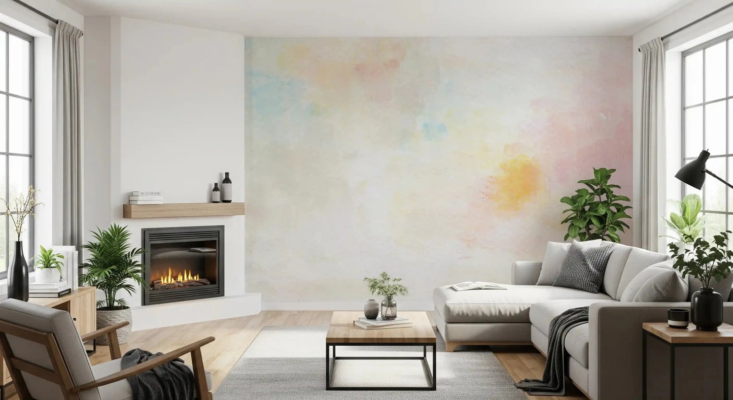 Gentle Pastel Wash Wall Mural provides a warm watercolor glow for a contemporary space.