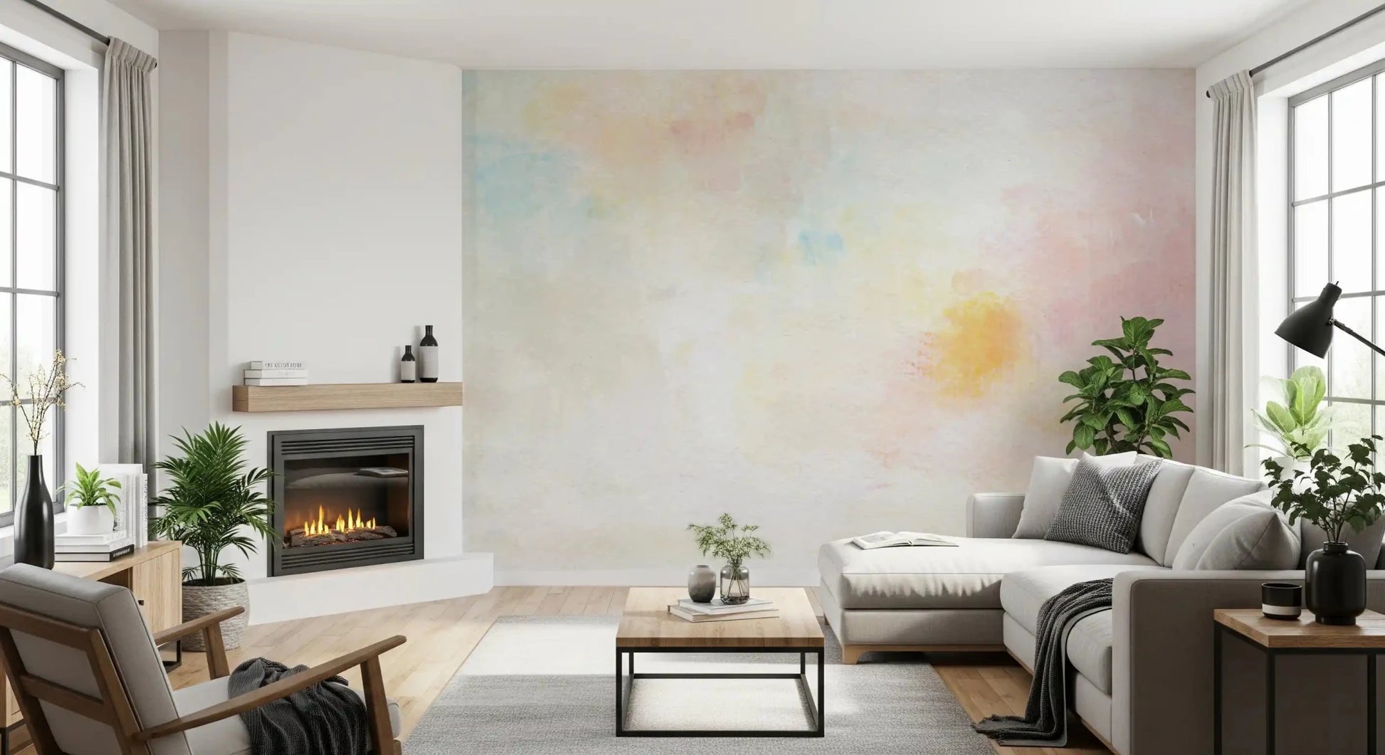 Gentle Pastel Wash Wall Mural provides a warm watercolor glow for a contemporary space.