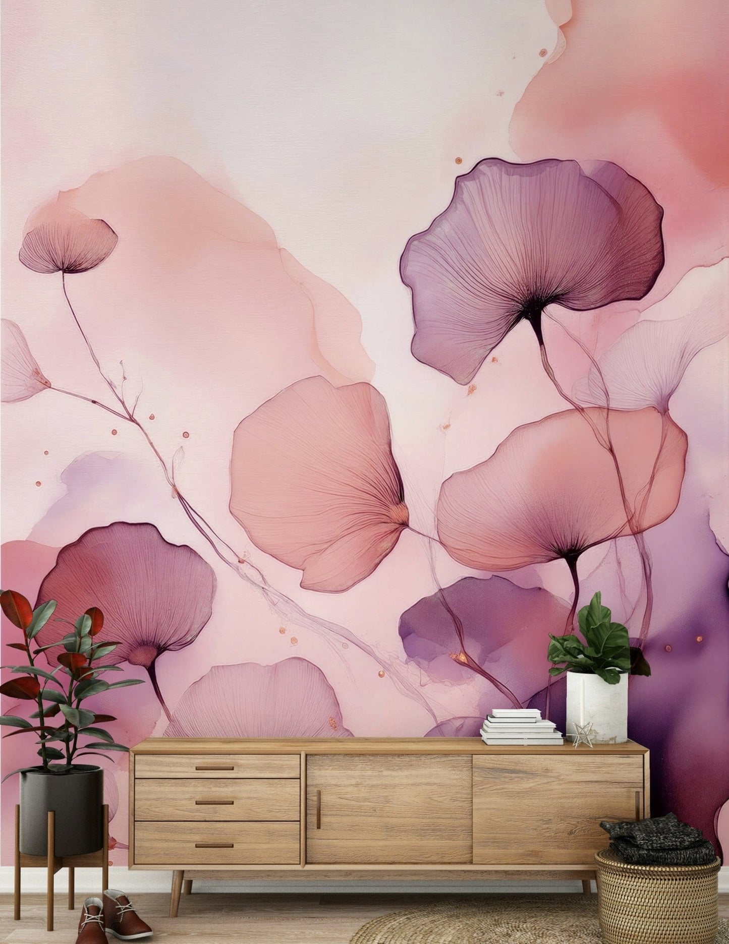Artistic render of the serene Gentle Petal Whispers Wall Mural in a hallway.