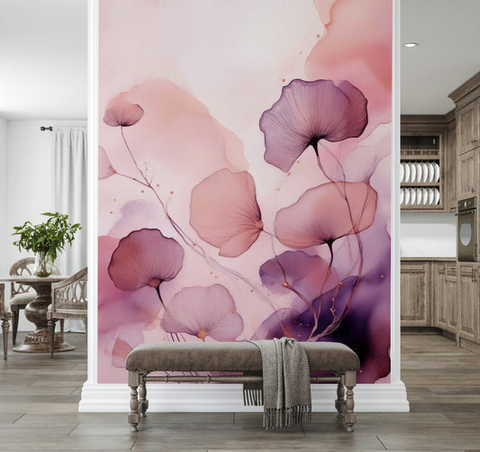 Minimalist living room accented by the Gentle Petal Whispers Wall Mural.