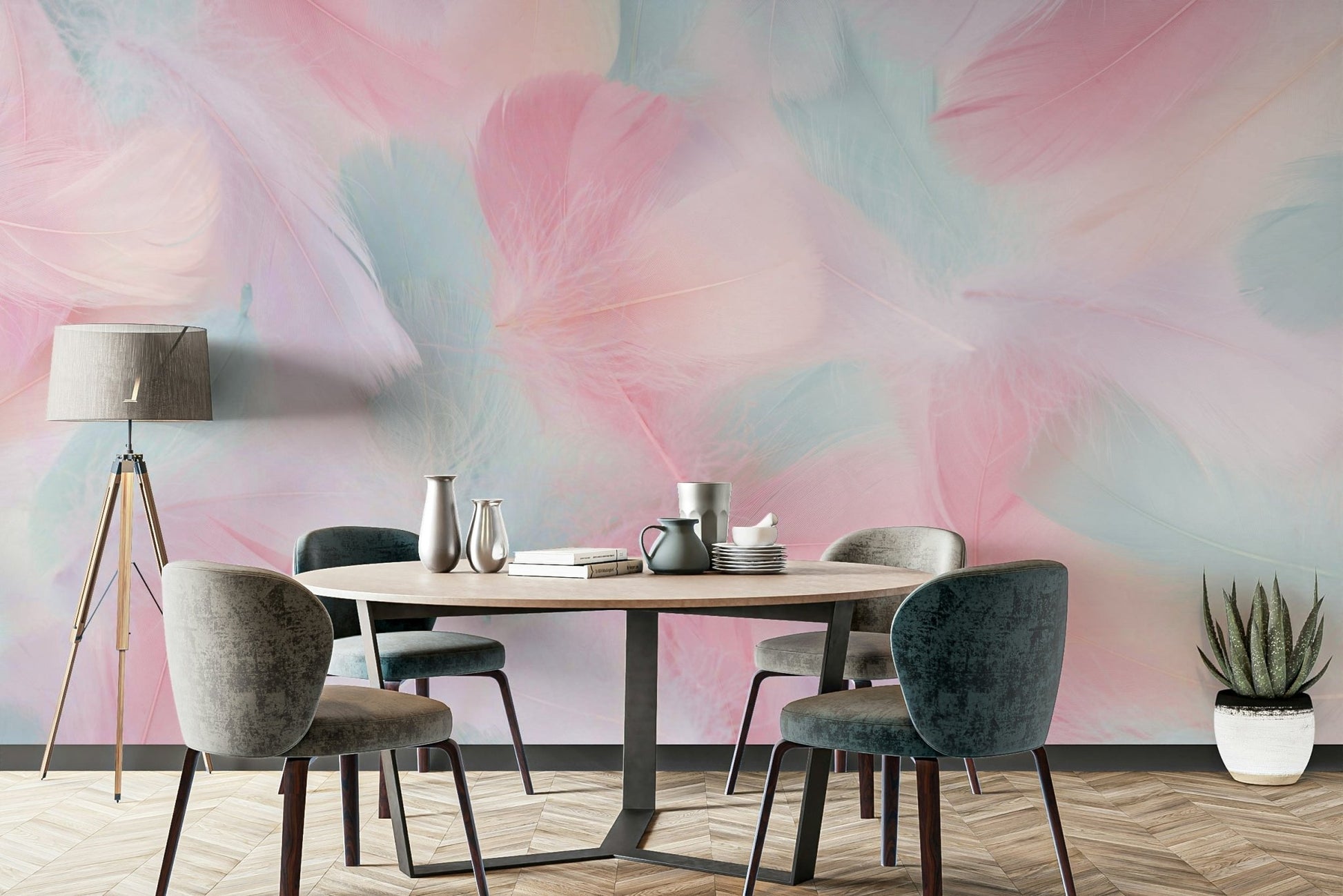 Soft pastel hues: blush pinks, gentle blues, lavender, creamy whites.

