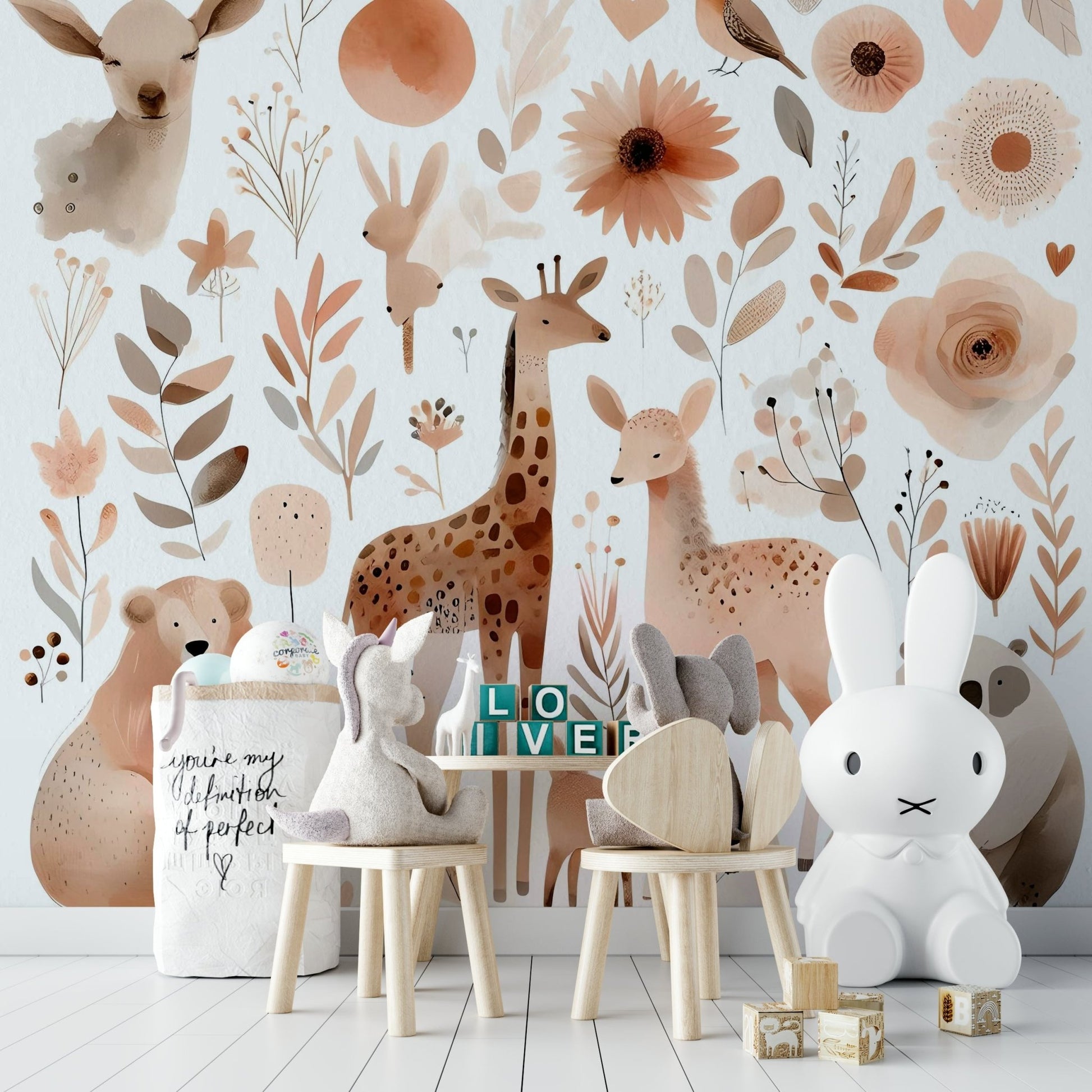 Gentle Wild Haven Wall Mural featuring soft animal motifs., GD1779