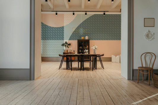 A modern wall mural with a geometric pattern.

