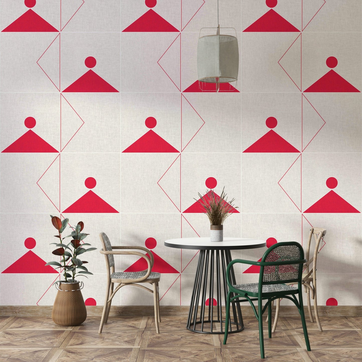Modern office featuring minimalist geometric wallpaper

