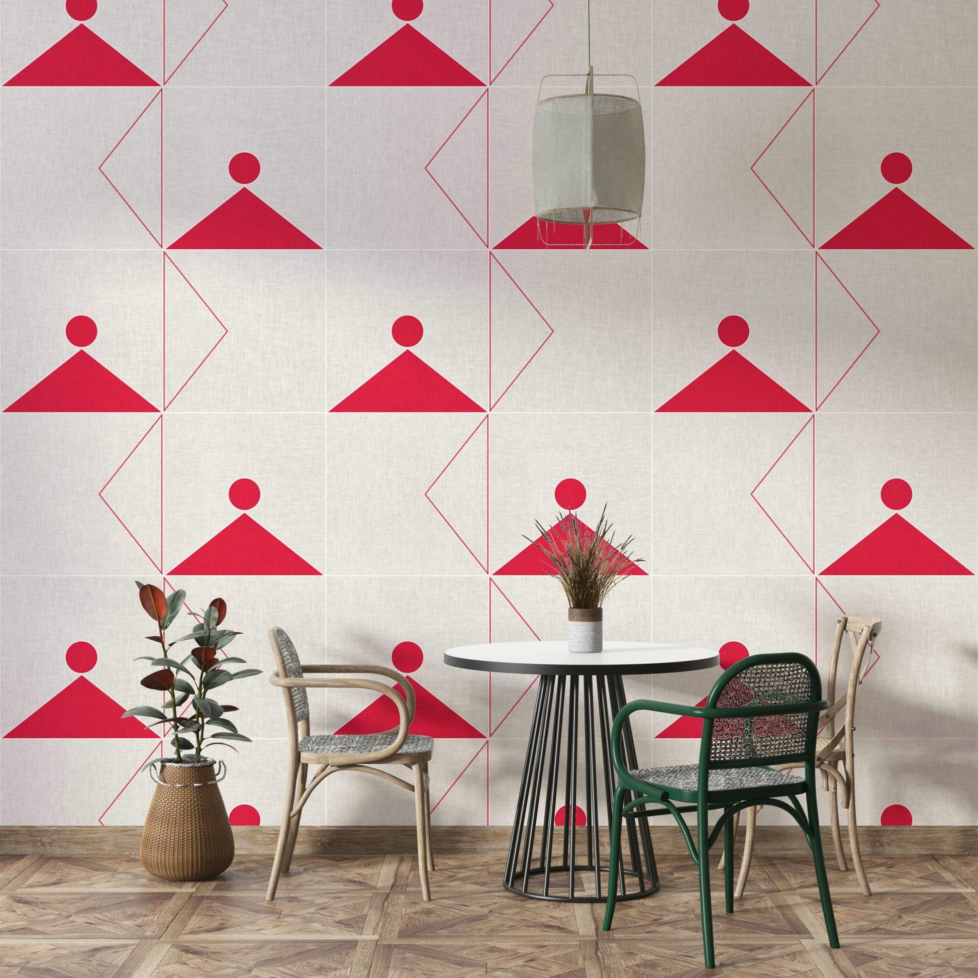 Modern office featuring minimalist geometric wallpaper


