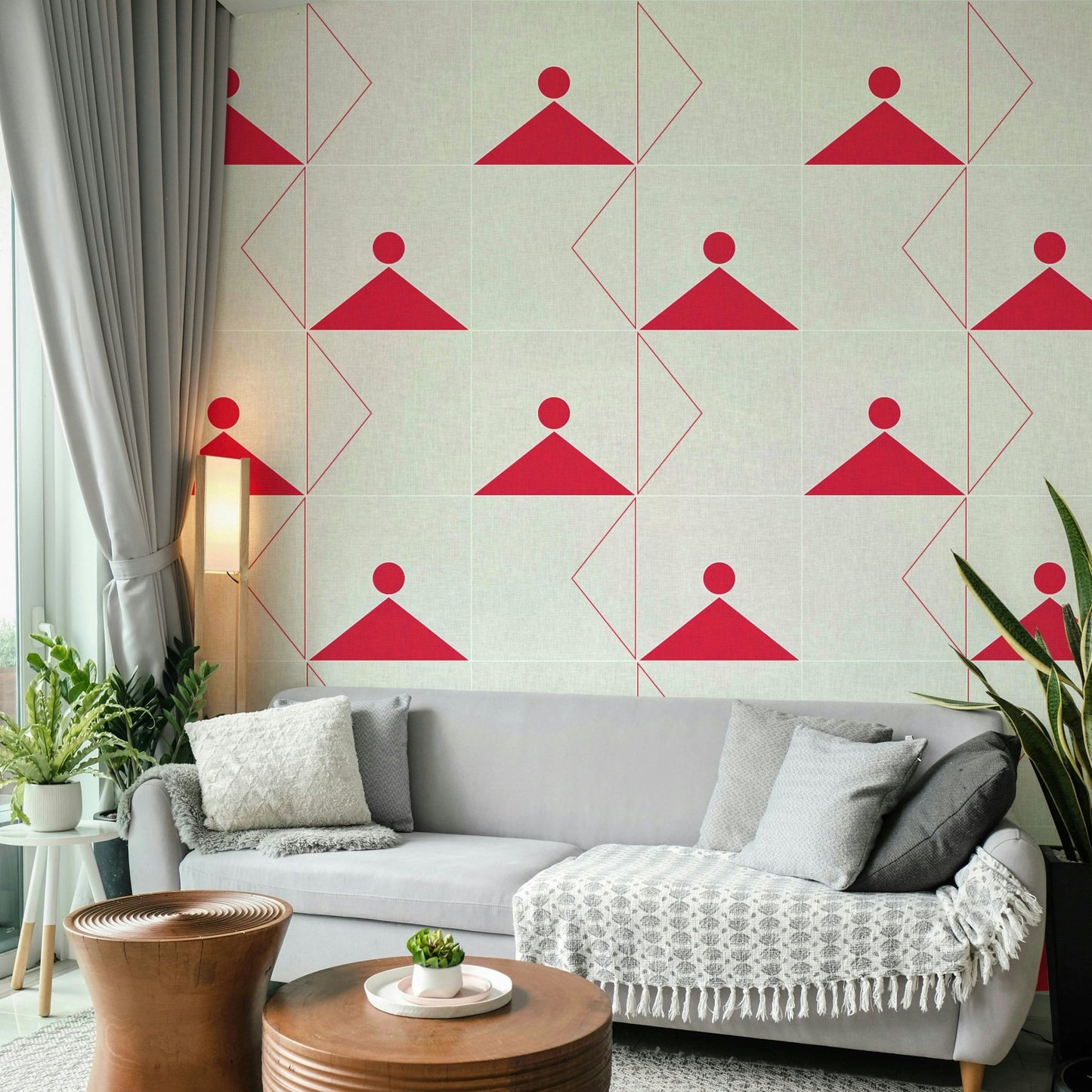 Living room wall with soft-toned geometric detailing

