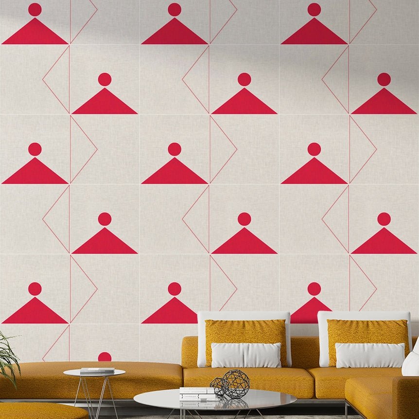 Mid-century modern wall styled with geometric wallpaper

