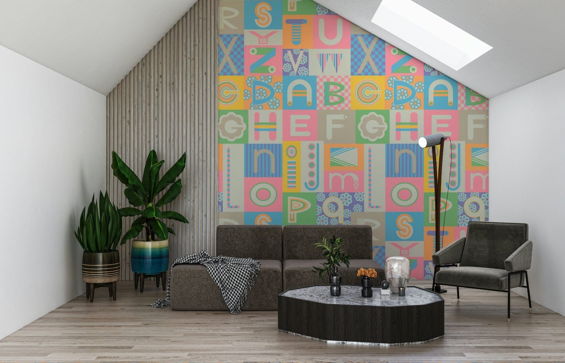 Vibrant Retro Alphabet wall decoration with geometric shapes.
