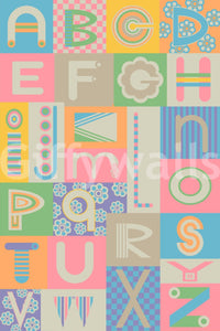 Retro Alphabet blocks mural in soft pastel palette.