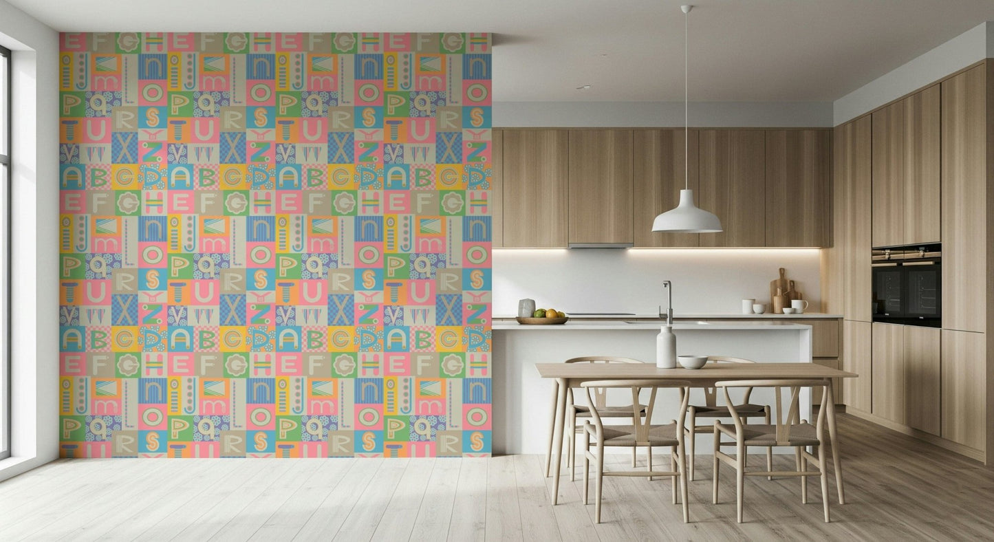 Charming Geometric ABC wall paper with patterned letters.