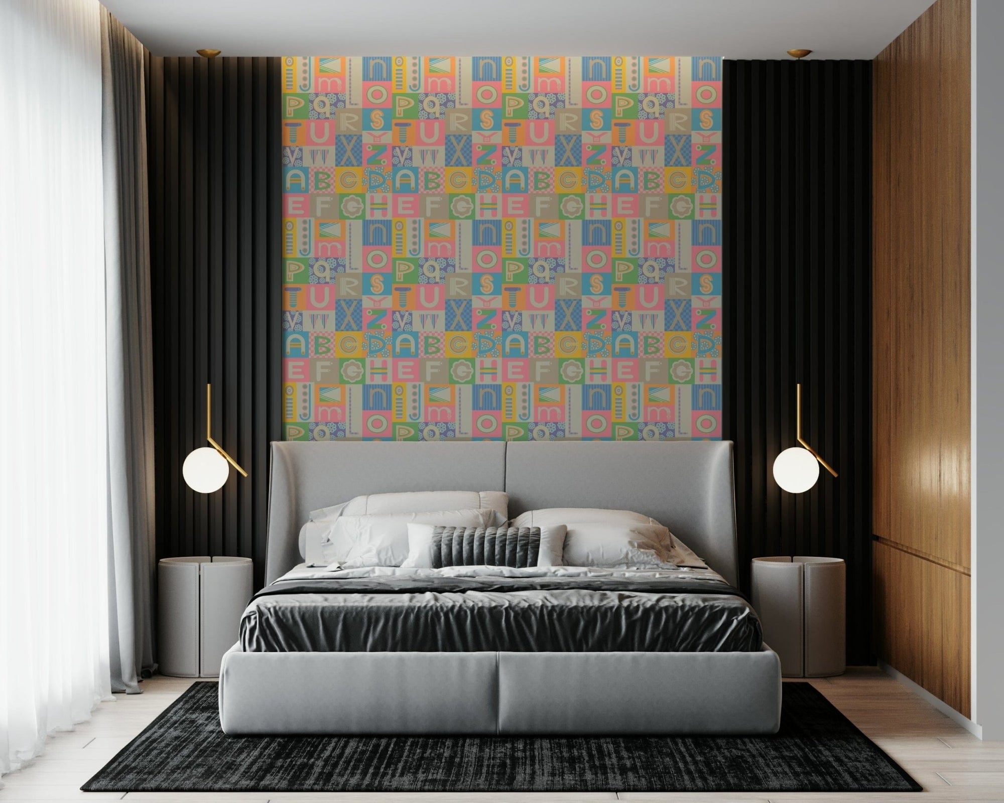 Geometric ABCs wall mural; colorful retro alphabet blocks., GD6983