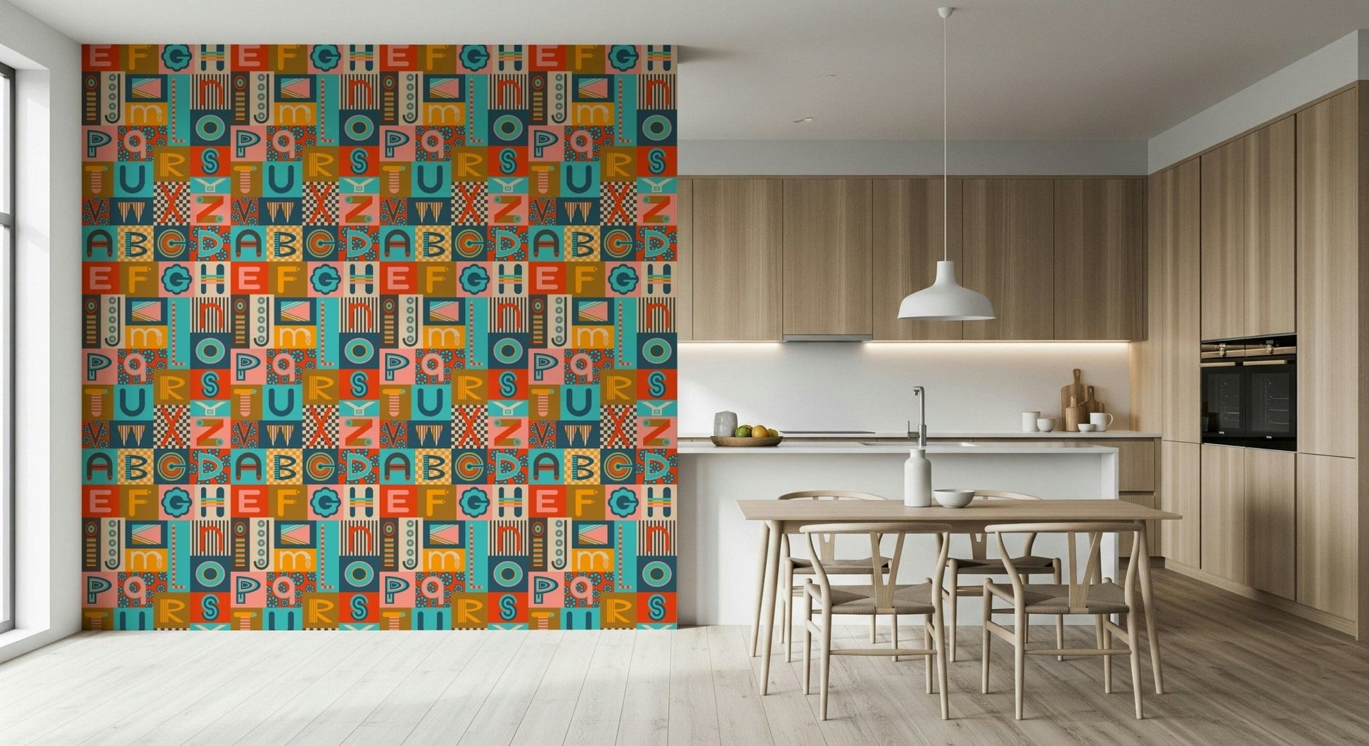 Lively Geometric ABCs Retro wall mural, postmodern lettering style.