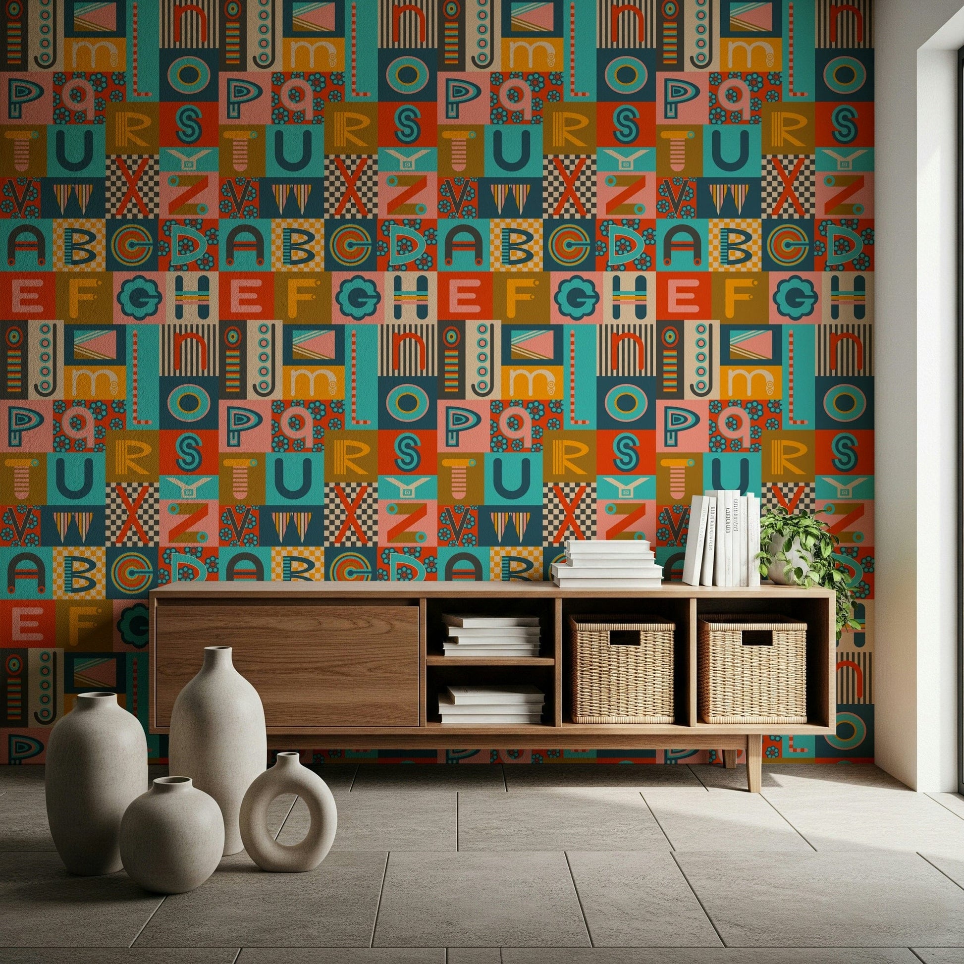 Bold Geometric ABCs Retro wallpaper, graphic letter patterns.