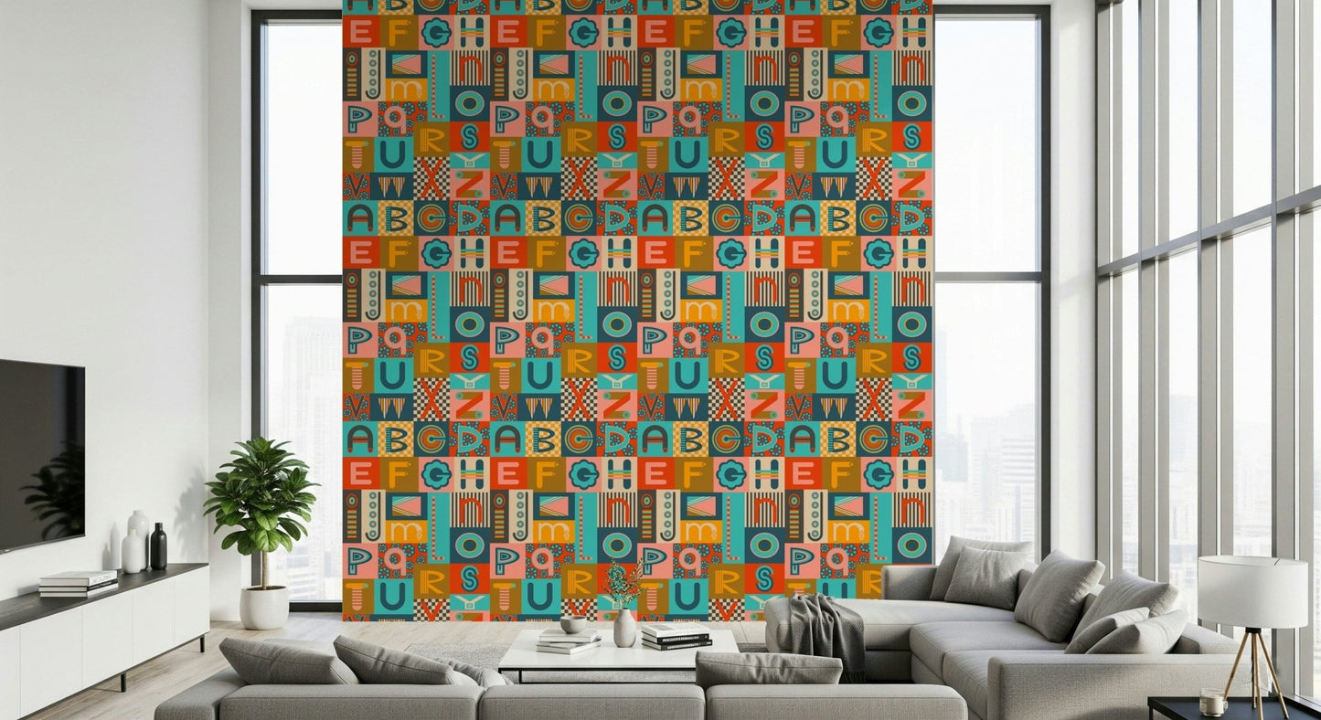 Geometric ABCs Retro wall mural, vibrant colorful alphabet blocks.