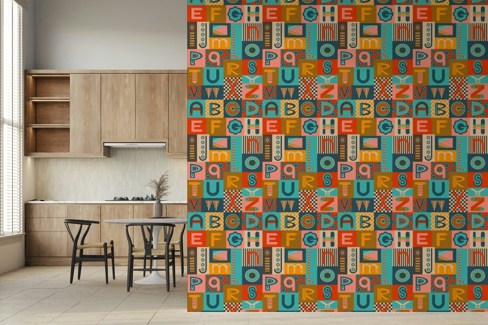 Whimsical Geometric ABCs Retro children's mural, colorful blocks.