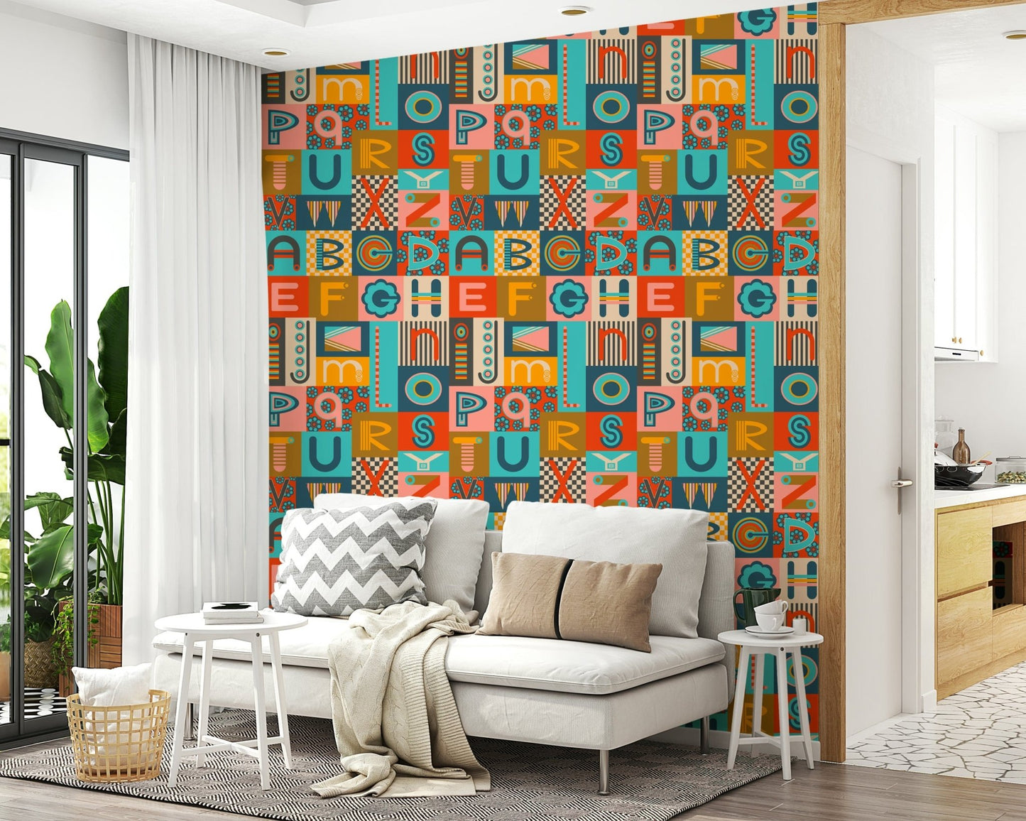 Groovy Geometric ABCs Retro educational mural, bright colors.