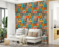 Groovy Geometric ABCs Retro educational mural, bright colors.