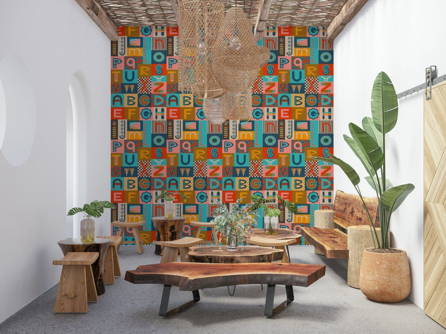 Funky Geometric ABCs Retro peel and stick wallpaper, stylish shapes.