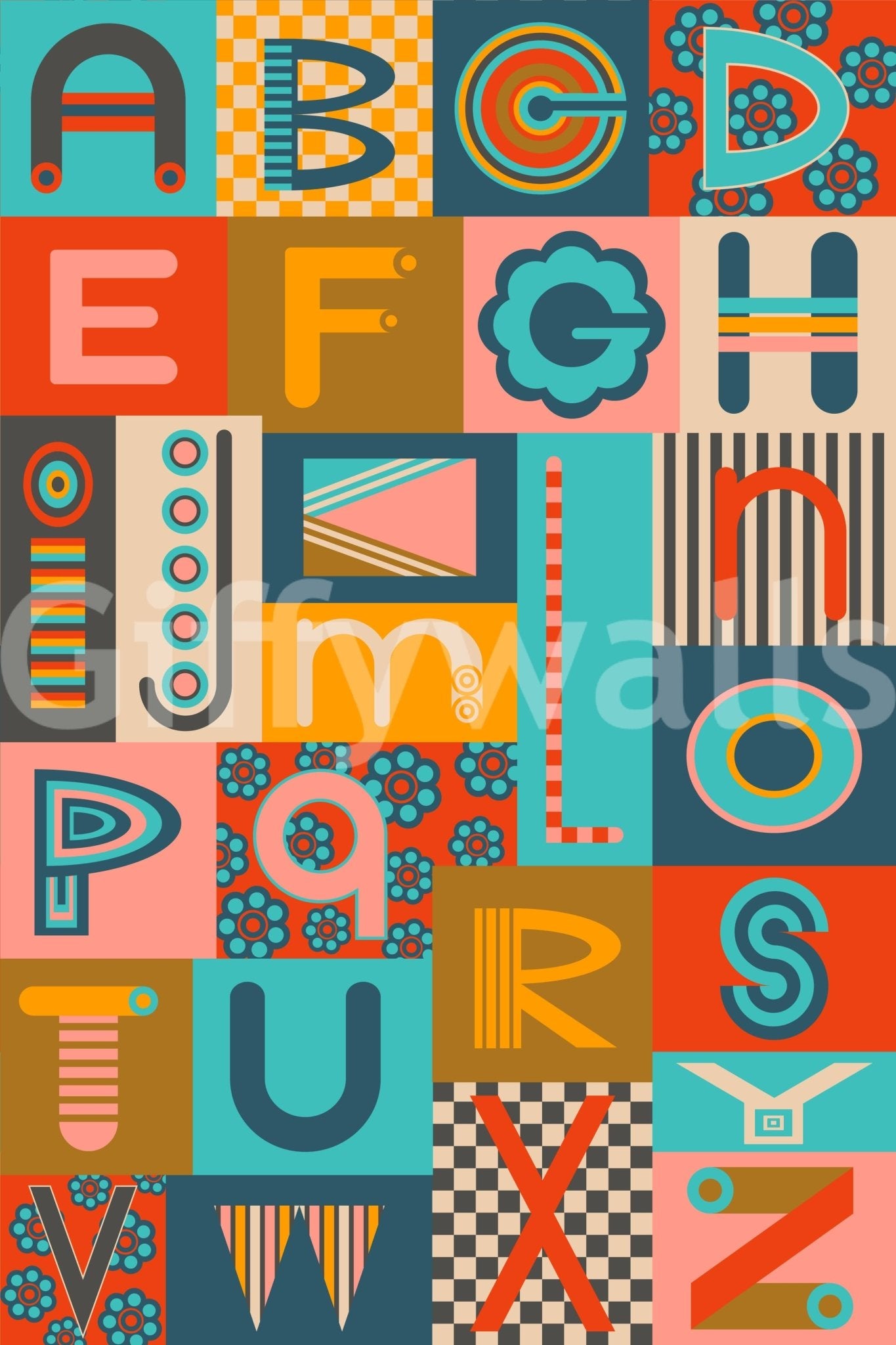 Artistic Geometric ABCs Retro removable wallpaper, retro seventies feel.