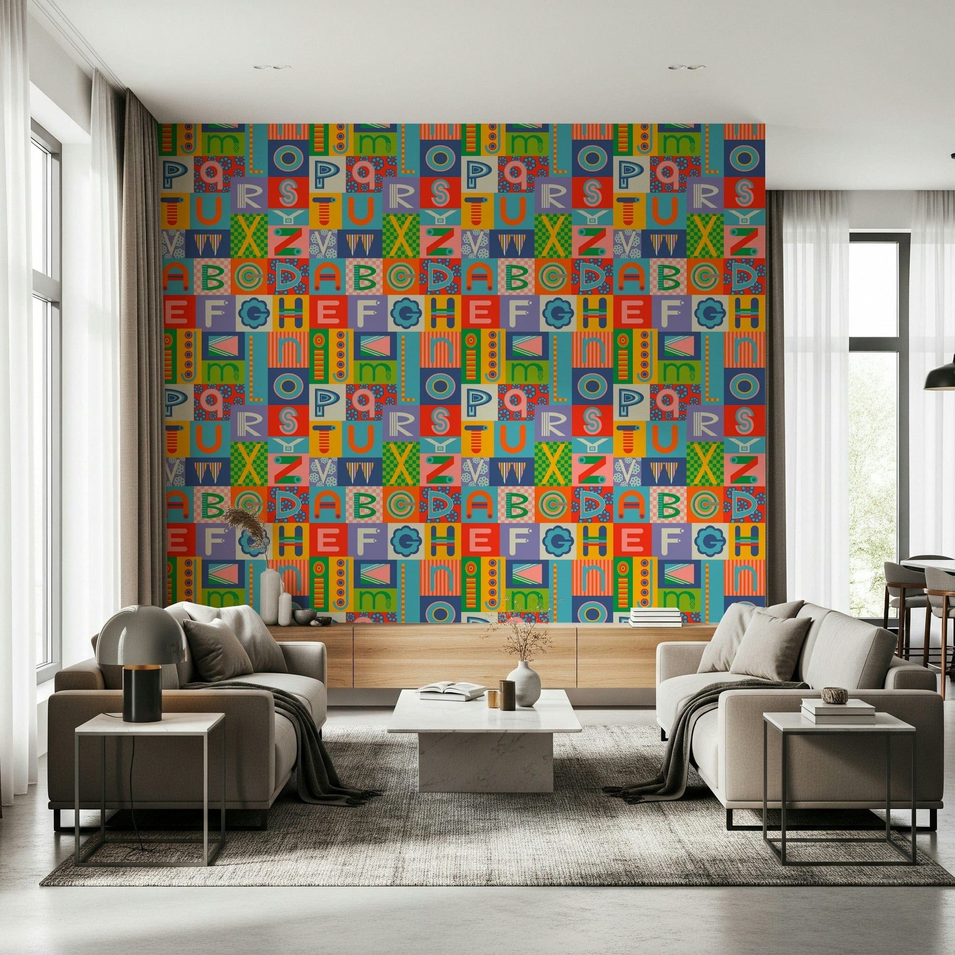 Vibrant rainbow brights define Retro Alphabet Rainbow Wallpaper for walls.