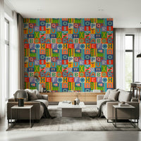 Vibrant rainbow brights define Retro Alphabet Rainbow Wallpaper for walls.