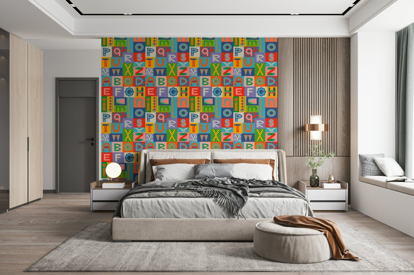 Symmetrical layout of letters on Retro Alphabet Rainbow Wallpaper mural.