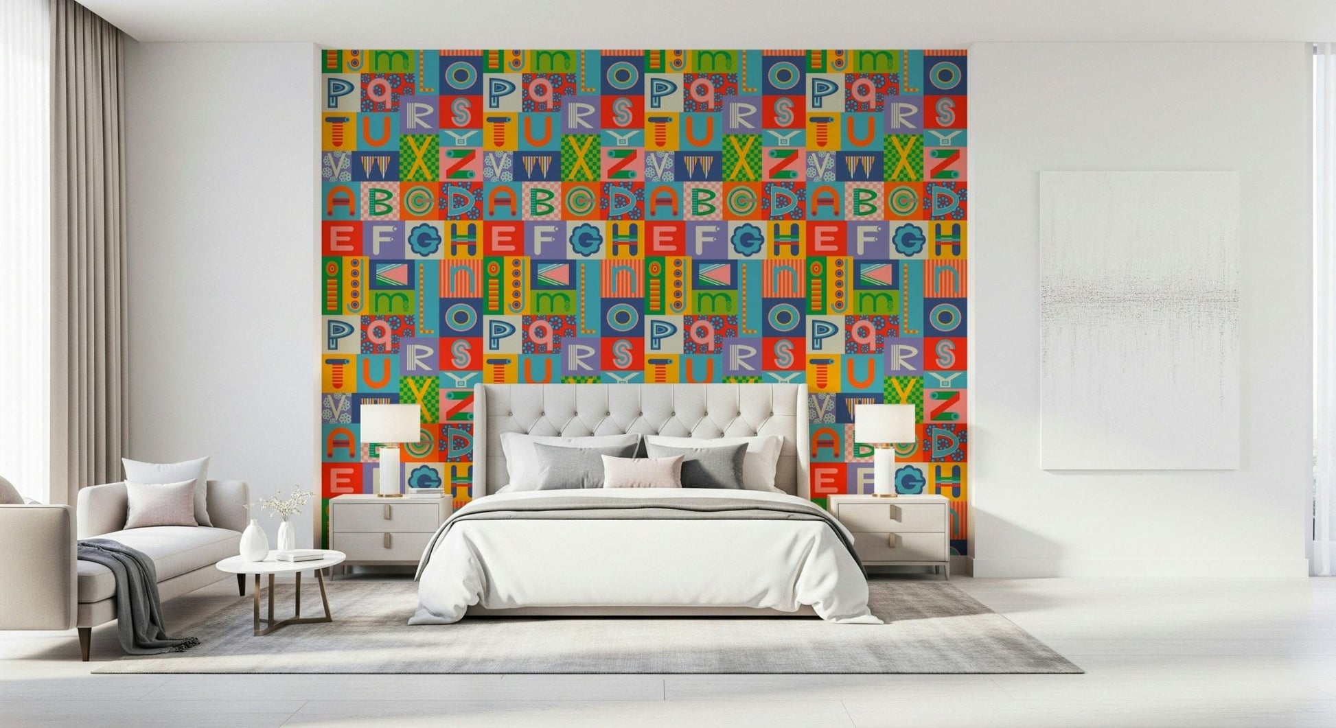 Stylized ABC lettering of Retro Alphabet Rainbow Wallpaper mural art.