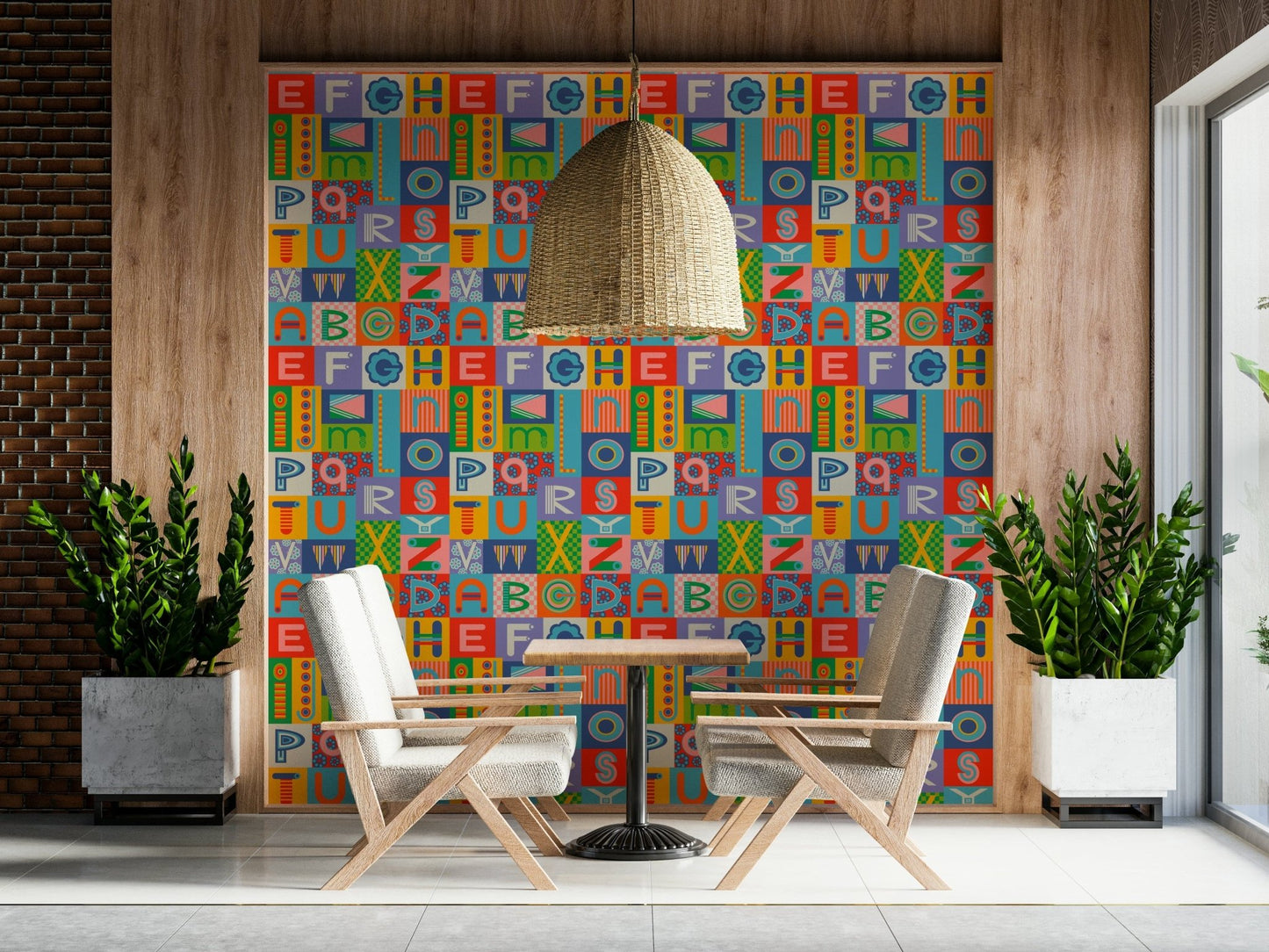 Soft colorful grid featured in Retro Alphabet Rainbow Wallpaper scenic print.