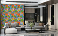 Layered patterns give pop to Retro Alphabet Rainbow Wallpaper design.