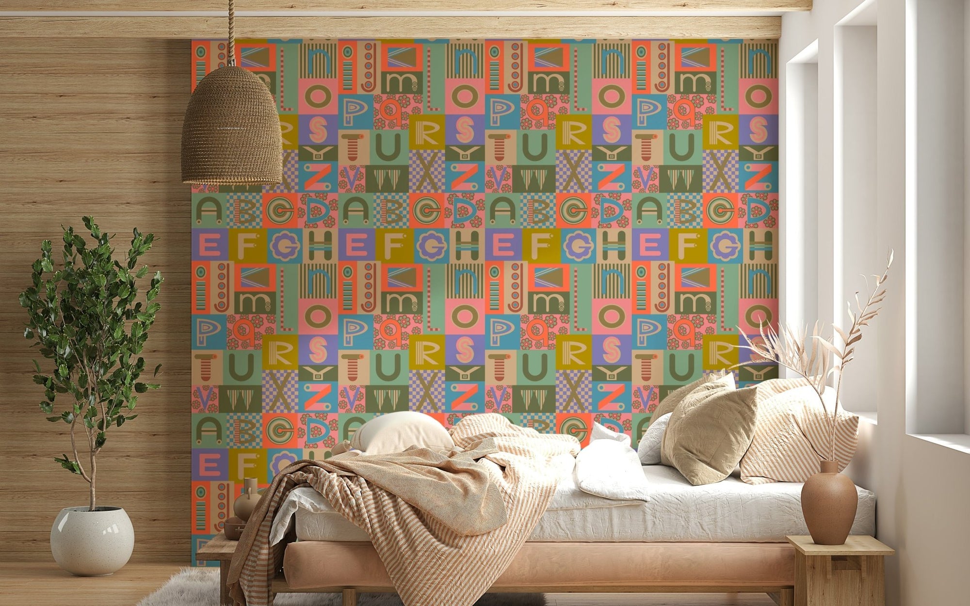 Geometric wallpaper: ABCs Retro Alphabet Graphic Lettering Vintage 1950s Colors wall mural., GD6981