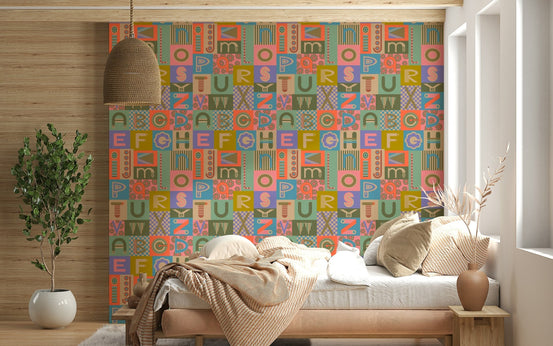Geometric wallpaper: ABCs Retro Alphabet Graphic Lettering Vintage 1950s Colors wall mural., GD6981