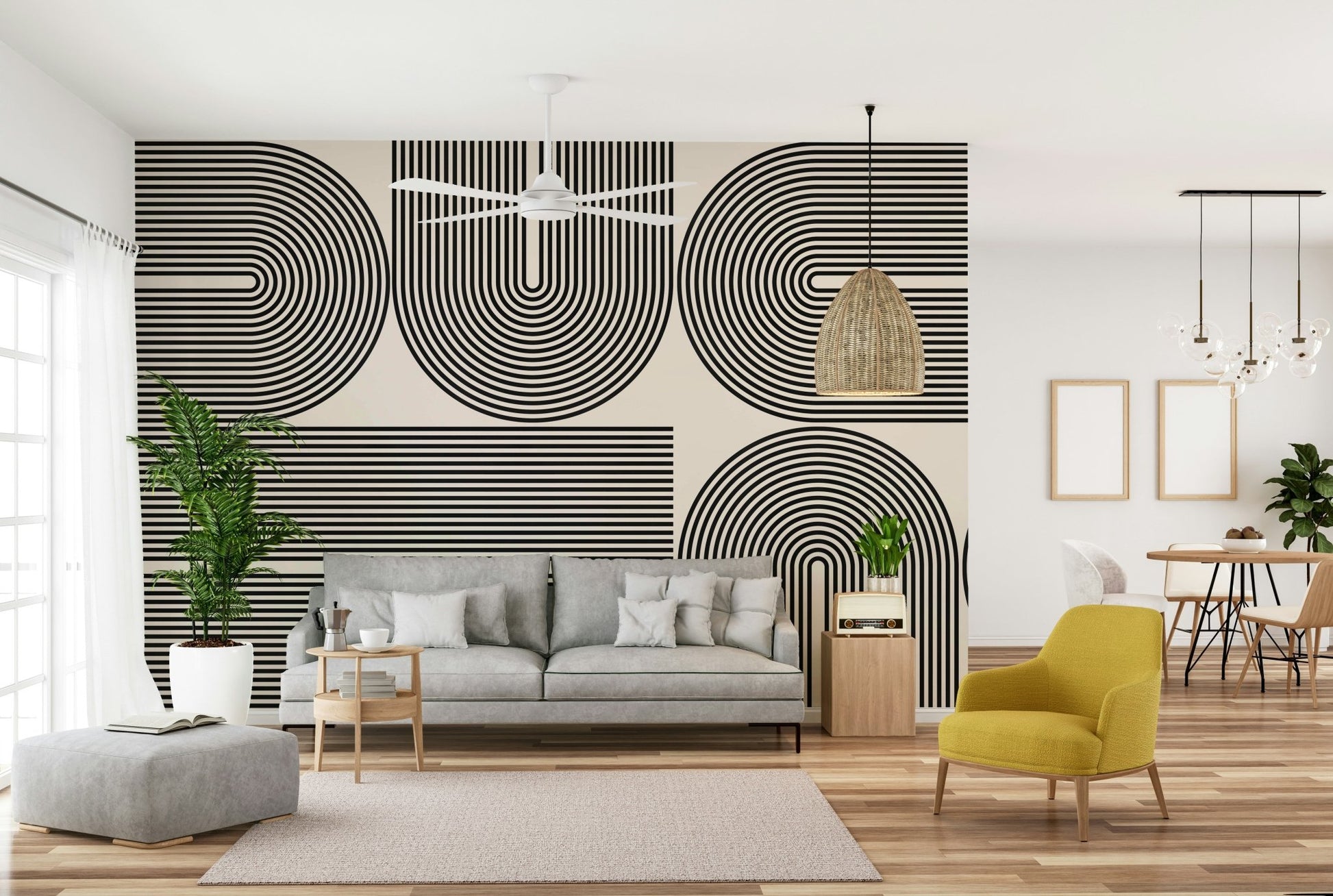 A wall mural with a geometric archway pattern.


