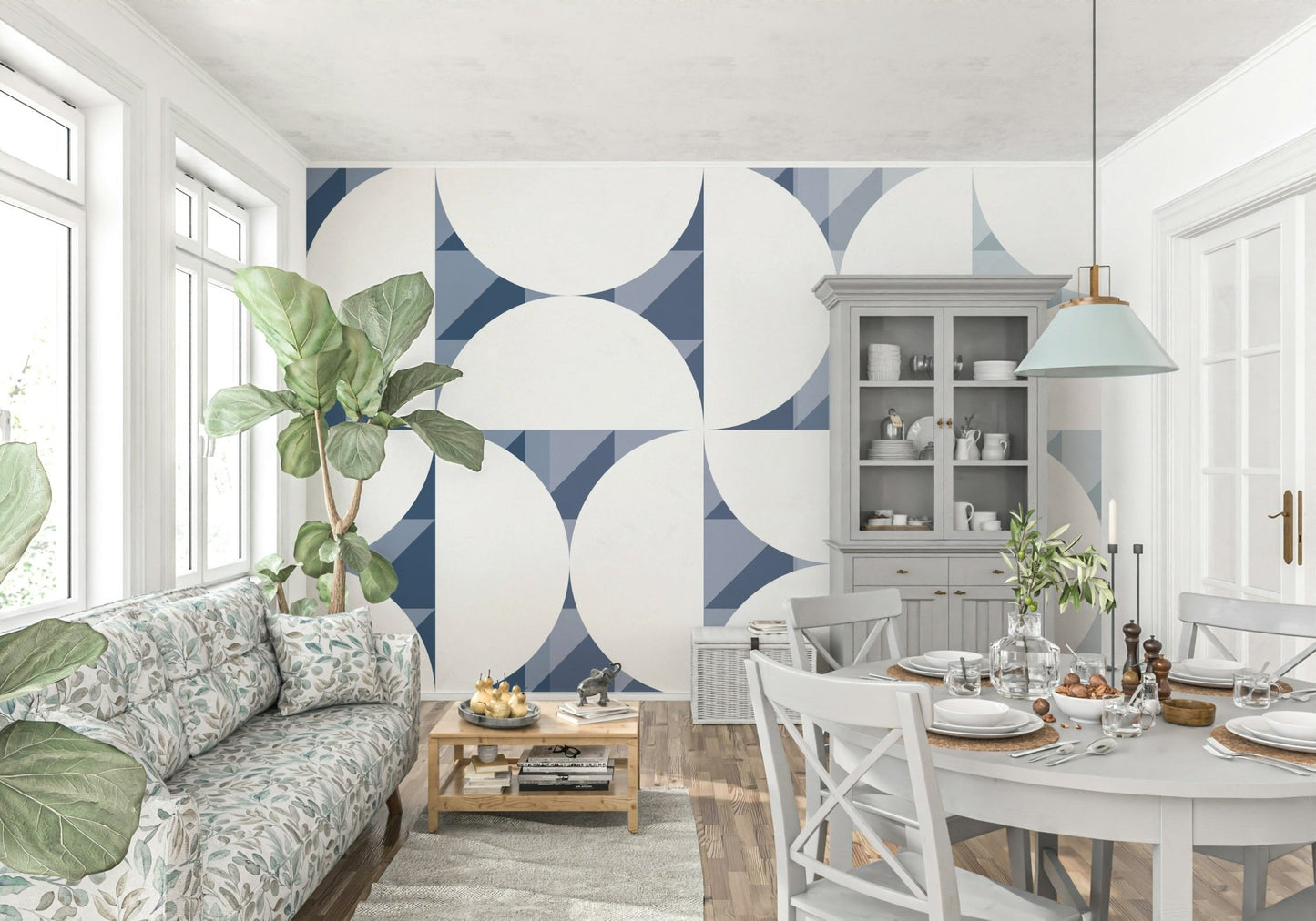 A beautiful abstract geometric wallpaper mural in blue and white., GD5329