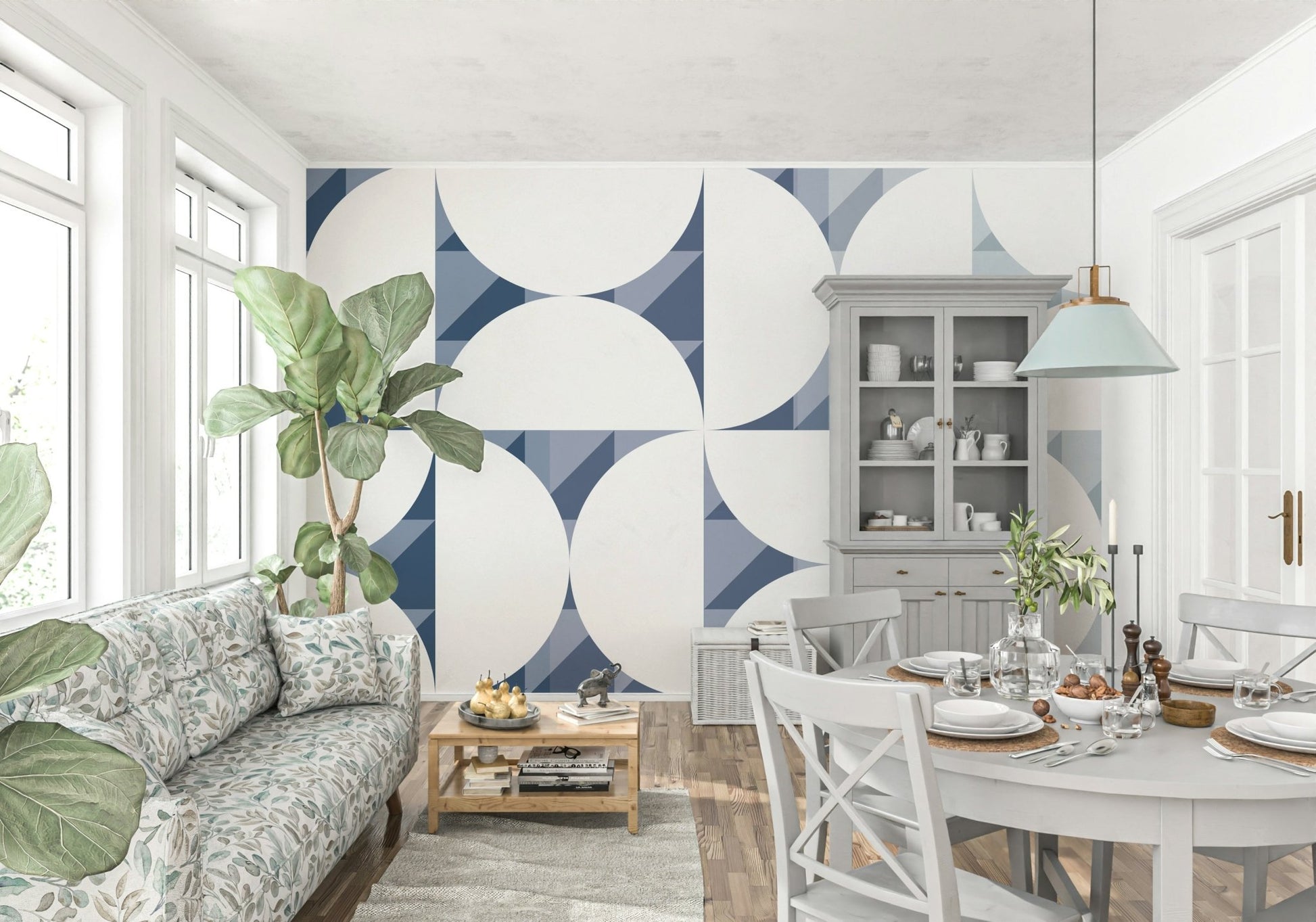 A beautiful abstract geometric wallpaper mural in blue and white., GD5329