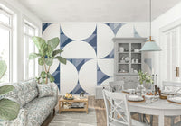 A beautiful abstract geometric wallpaper mural in blue and white., GD5329