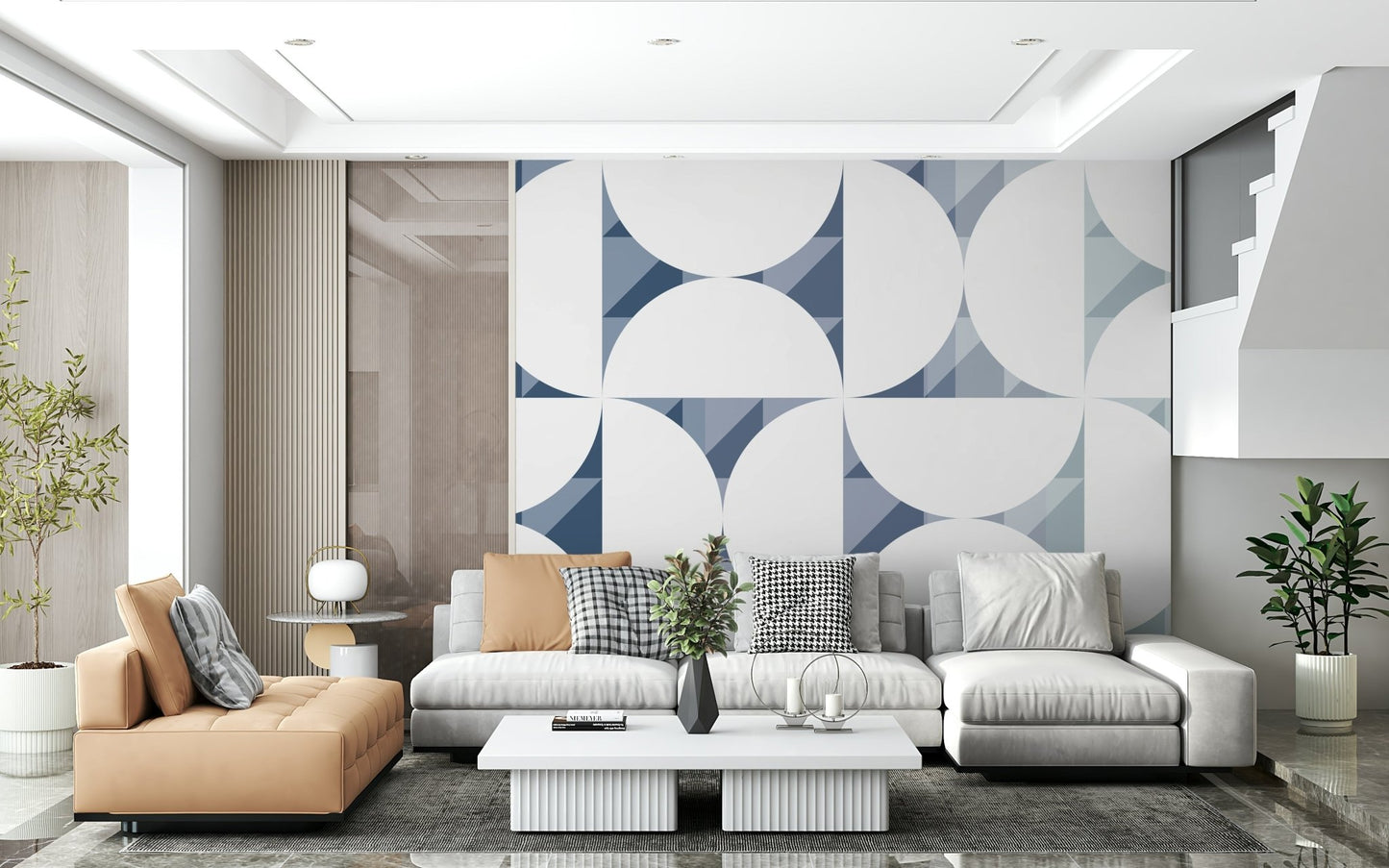 A peaceful geometric design mural on decorative wallpaper., GD5329