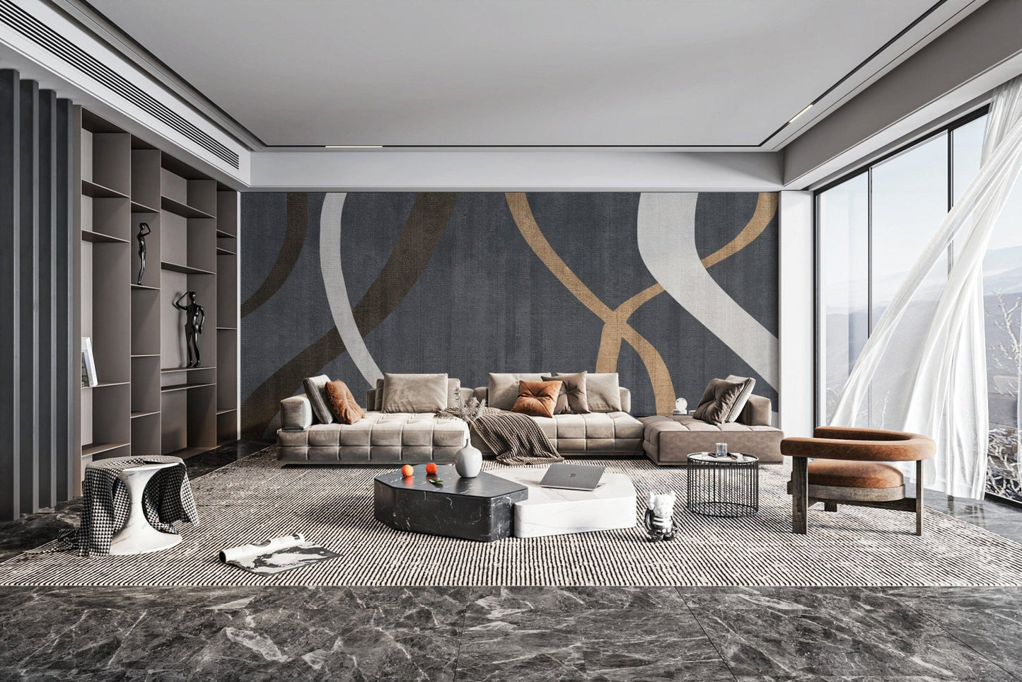 Modern geometric brushstroke mural D128
