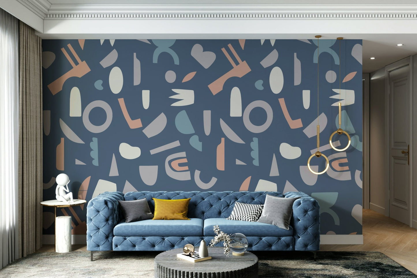 The design features a pattern of soft, interconnected shapes.

