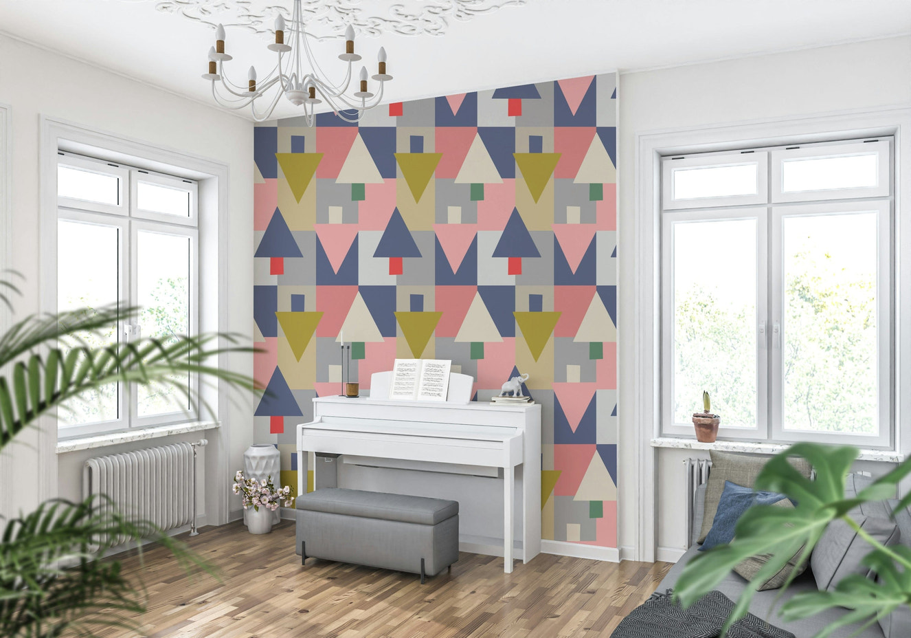 Geometric Forest Harmony wallpaper in a modern living room with oak furniture.