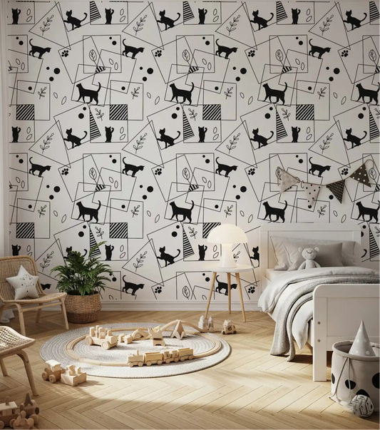 Serene feline silhouettes accent this bedroom via Geometric Cats wallpaperGD9452
