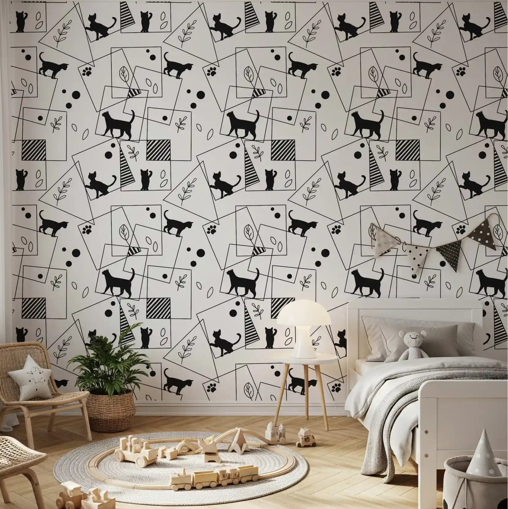 Serene feline silhouettes accent this bedroom via Geometric Cats wallpaperGD9452