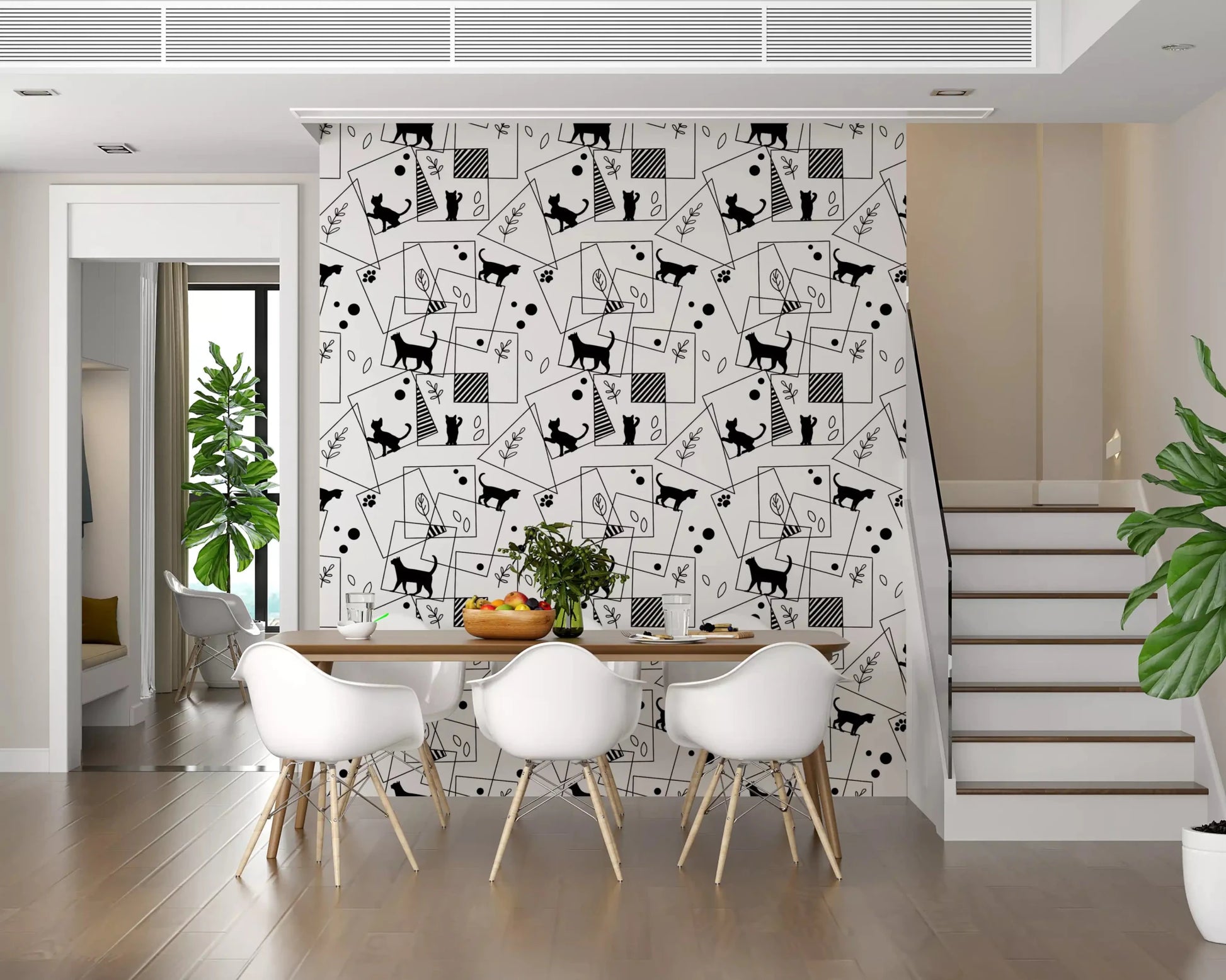 Botanical sprigs accent the figures on Geometric Cats wallpaperGD9452
