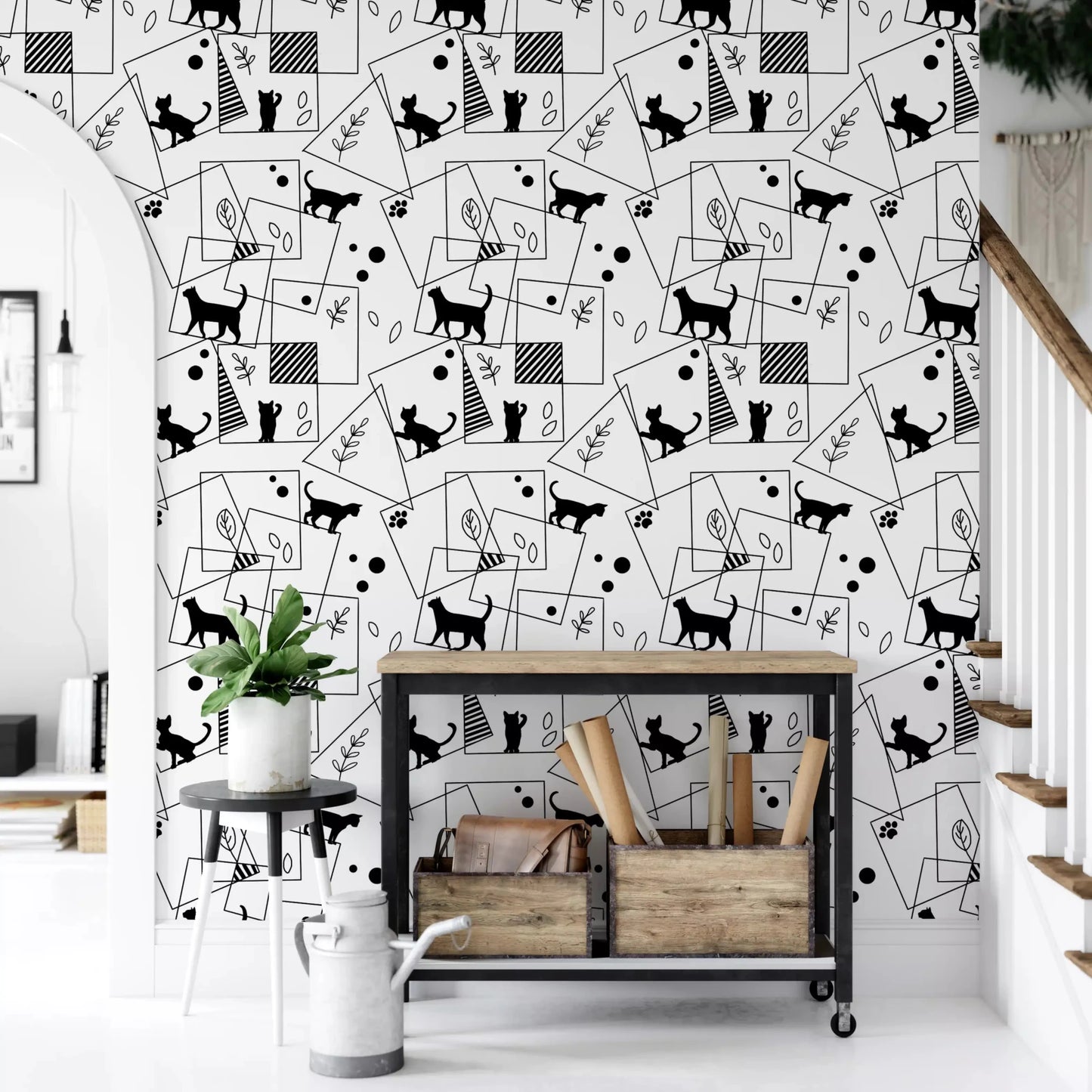 Staircase areas feature the sleek Geometric Cats wallpaper⁠GD9452