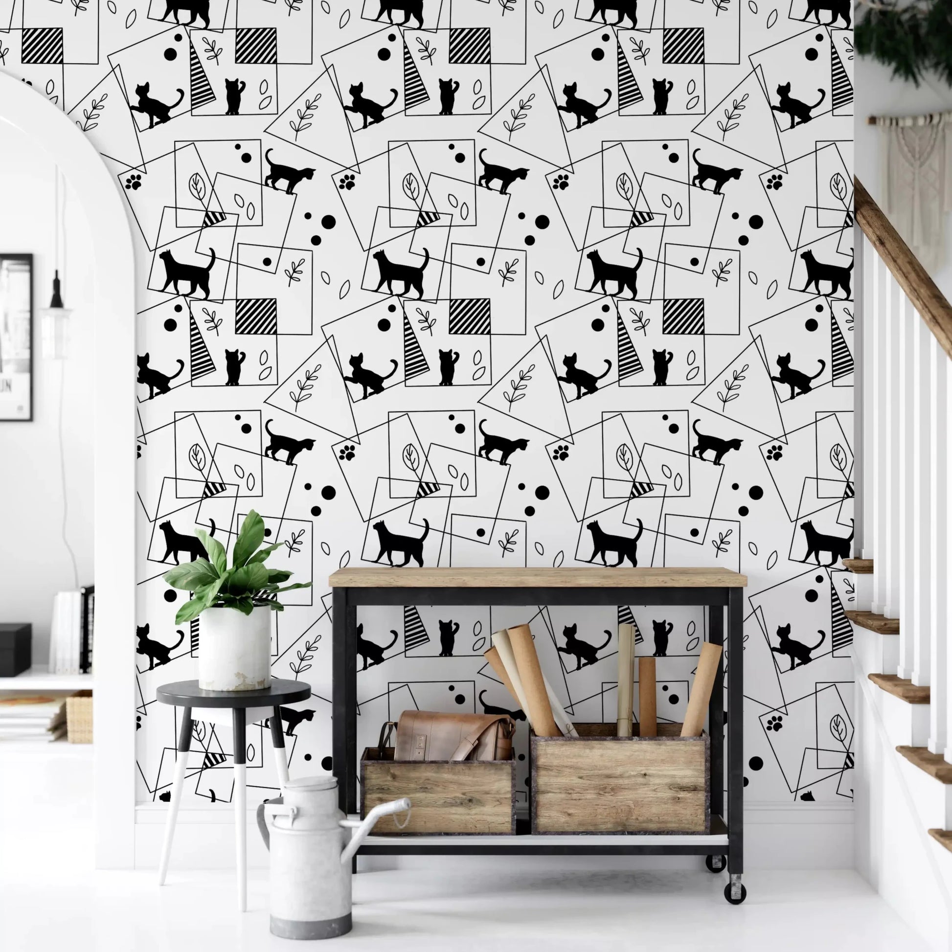 Staircase areas feature the sleek Geometric Cats wallpaper⁠GD9452