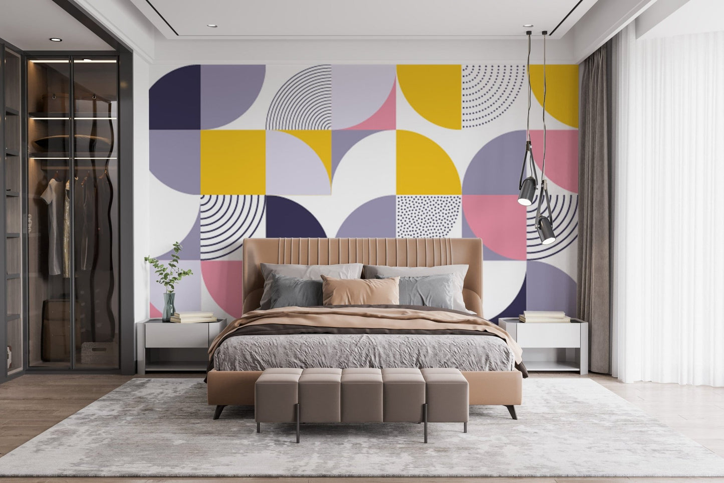 Modern Geometric Rainbow Wallpaper for Living Room
