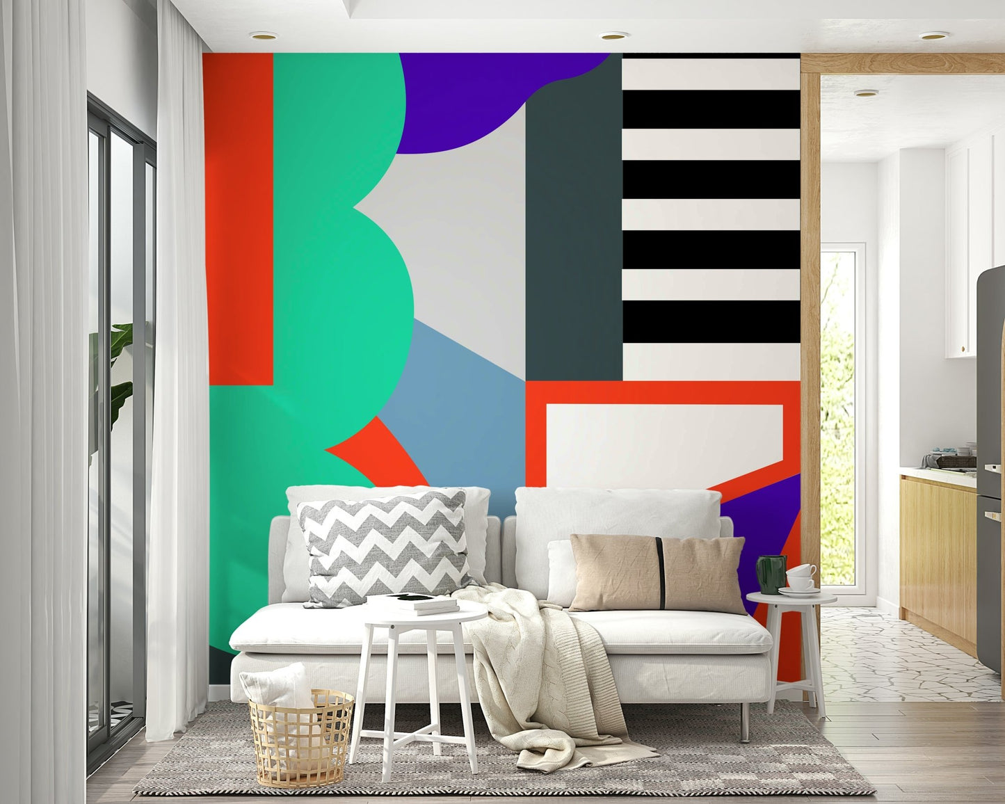 Home office with geometric echoes wallpaper

